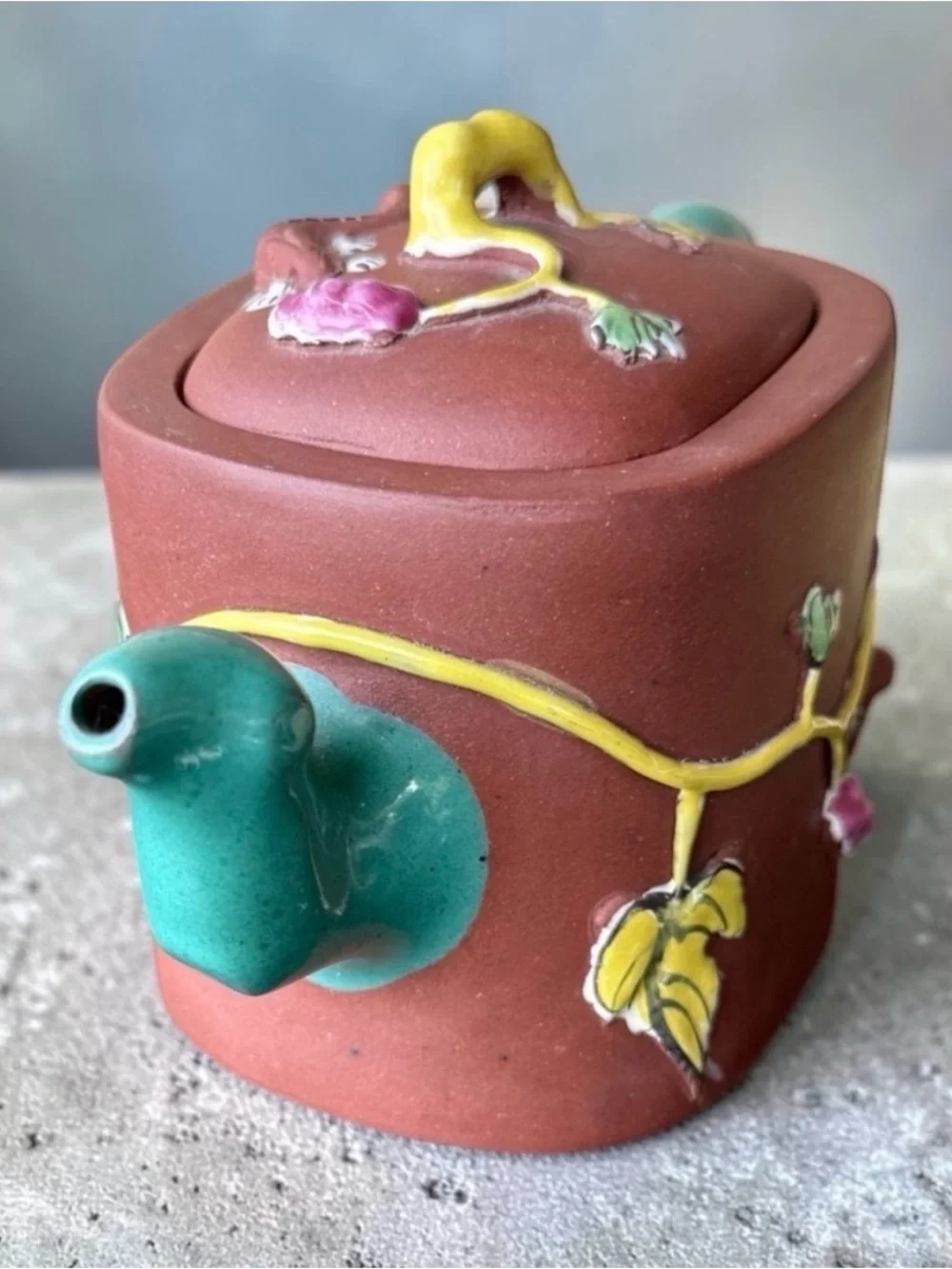 CURATED Yixing Zisha Clay Teapot Grape Vine Relief Turquoise Spout Handle Signed